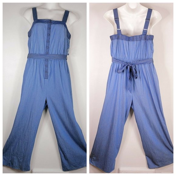 NEW ModCloth Chambray Cotton Jumpsuit Pockets - Picture 2 of 8